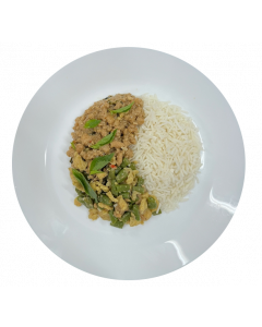 Basil Minced Chicken with Coconut Basmati Rice, Scrambled Eggs and Long Beans