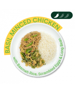 Basil Minced Chicken with Coconut Basmati Rice, Scrambled Eggs and Long Beans