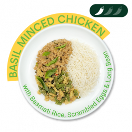 Basil Minced Chicken with Coconut Basmati Rice, Scrambled Eggs and Long Beans